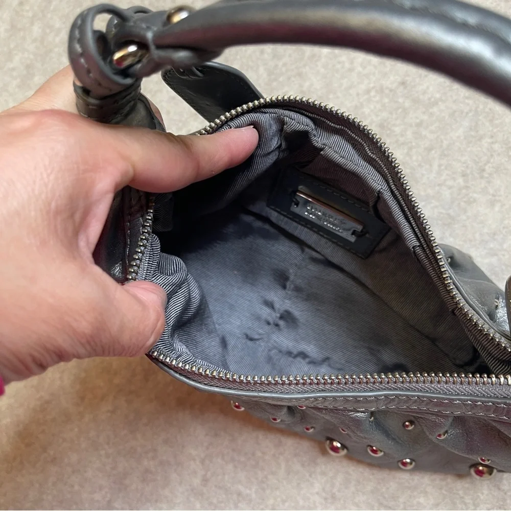 Badgley Mischka Gray Silver Studded Crescent Small Hobo Bag Purse